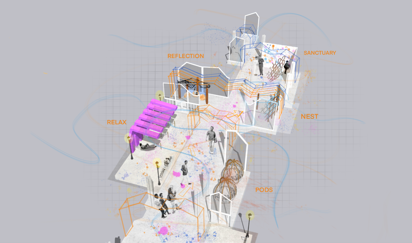 Axonometric view showing the interior of the Pods, Nest, Sanctuary, Reflection space and Outdoor Relax area