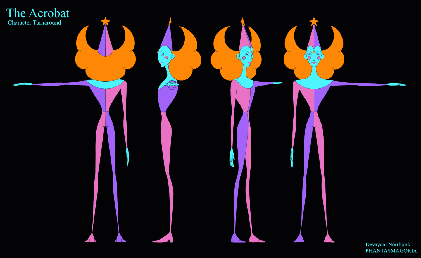 Drawings of an acrobat from different angles on a black background.