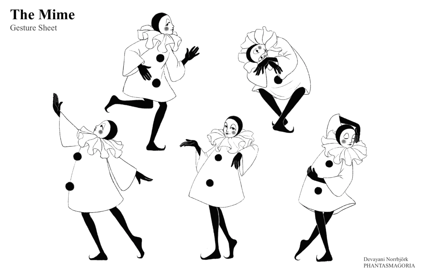 Drawings of a mime in different expressive poses.