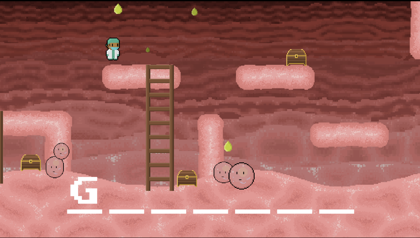 This image is a still frame of the gamified health resource gameplay. Depicted in this image is the surgeon character looking for clues around a stomach-themed level about what hormone is out of control.