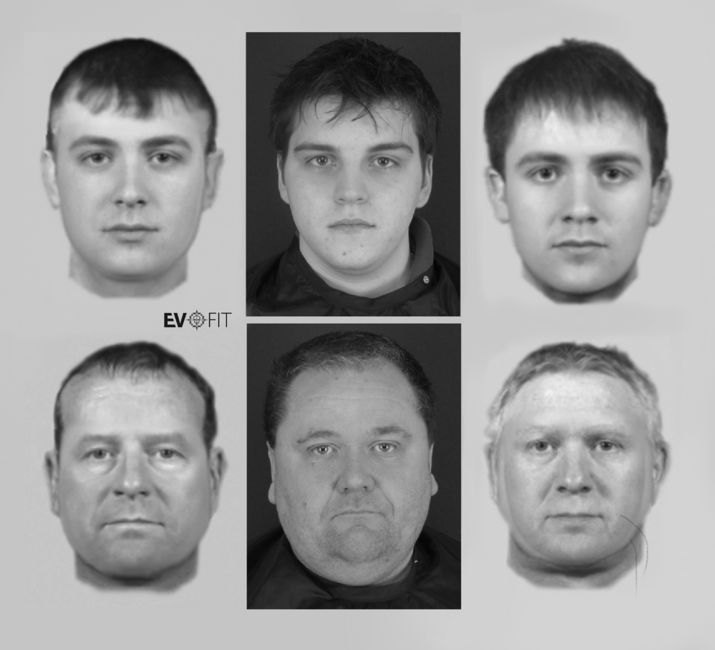 A number of composites along side their initial target. 6 photos overall, all white and male roughly aged 20 and 50.
